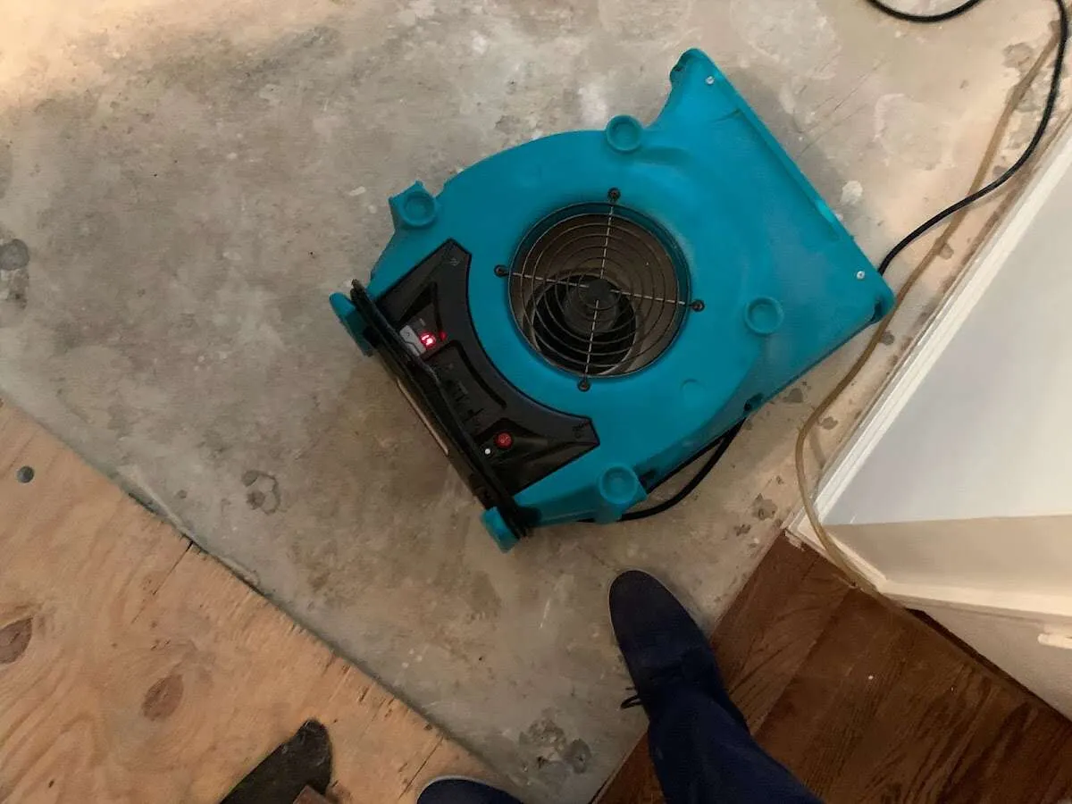 Air mover drying subfloor during Leak Detection & Repair in Milledgeville